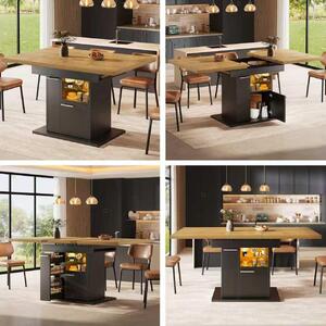 Tavolo da pranzo estendibile per 4-6 persone, tavolo in MDF nero con spazio contenitivo, ripiani in vetro e illuminazione LED multicolore, dimensioni 110–140 cm