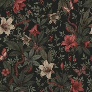 Carta da parati Motivi floreali della giungla oscura con uccelli e farfalle, Parati fiori e piante classici, a00895 : Uwalls.it