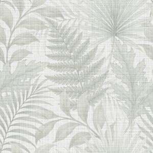 Carta da parati Morbide foglie tropicali in grigio chiaro su texture di lino, Parati fiori e piante classici, a00899 : Uwalls.it
