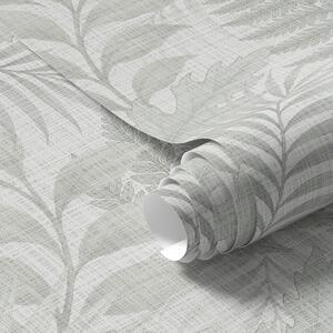 Carta da parati Morbide foglie tropicali in grigio chiaro su texture di lino, Parati fiori e piante classici, a00899 : Uwalls.it