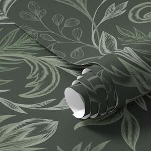 Carta da parati Foglie arricciate della foresta profonda nei toni del verde gessoso, Parati fiori e piante classici, a00935v2 : Uwalls.it