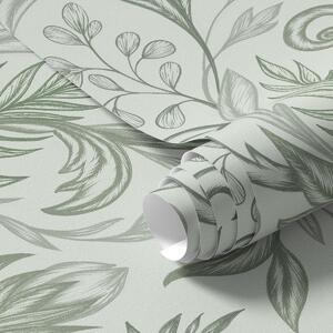 Carta da parati Foglie morbide di menta arricciate in delicate linee grigio-verdi, Parati fiori e piante classici, a00935v3 : Uwalls.it