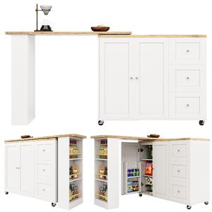 Isola da cucina su ruote, tavolino girevole a 360° in MDF bianco, dimensioni 135–203 x 39 x 104–106 cm, con tre cassetti e ripiano per snack