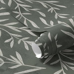 Carta da parati Rami bianchi abbozzati su uno sfondo verde salvia intenso, Parati natura classici, Parati natura foglie classici, a00936v2 : Uwalls.it