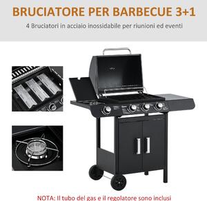 Outsunny Barbecue a Gas con Coperchio, 4 Bruciatori da 11.6kW, Fornello, Mensola e 2 Ruote, 110x50x100cm Nero