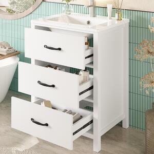 Mobile lavabo autoportante, bianco, dimensioni 61x47x83 cm, con 3 cassetti, realizzato in MDF al 100% e Vetroceramica. Lavabo resistente ai graffi con sistema antismarrimento. Ideale per il bagno