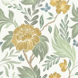 Carta da parati Grandi peonie gialle e fogliame su sfondo chiaro, Parati fiori e piante classici, a00941 : Uwalls.it