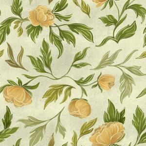 Carta da parati Peonie gialle e fogliame su uno sfondo verde chiaro tenue, Parati fiori e piante classici, a00942 : Uwalls.it