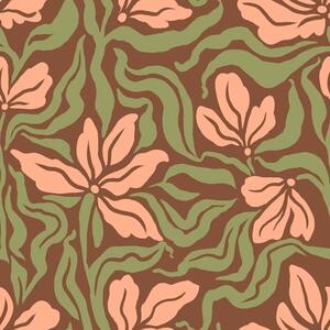 Carta da parati Fiori di pesco e fogliame su sfondo marrone scuro, Parati unica, a00958v2 : Uwalls.it