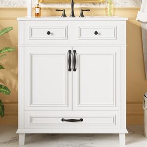 Mobile lavabo autoportante, dimensioni 77x46x86 cm, con lavabo in Vetroceramica, due ante, colore bianco, realizzata in MDF e Vetroceramica, con sistema di chiusura ammortizzata e 9 scomparti contenitori, ideale per il bagno