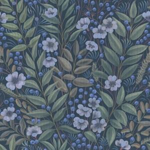 Carta da parati Bacche blu notte e fiori bianchi in un fogliame fitto, Parati fiori e piante classici, a00994 : Uwalls.it