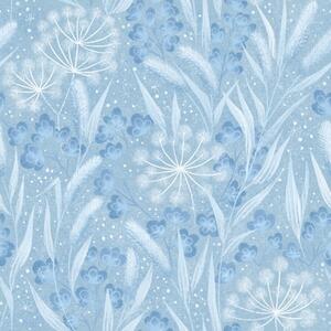 Carta da parati Prato blu ghiacciato con semi di dente di leone e piccoli fiori, Parati fiori e piante classici, a00995 : Uwalls.it