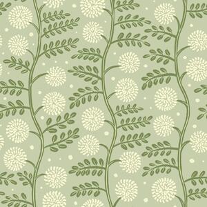 Carta da parati Steli verde salvia con fiori soffici color avorio e puntini, Parati fiori e piante classici, a00997v2 : Uwalls.it