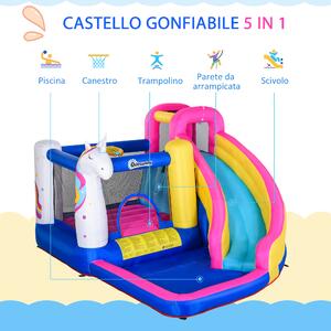 Outsunny Castello Casa Gioco Gonfiabile, Gigante e Rimbalzante per 3 Bambini con Scivolo, Piscina e Canestro da Basket