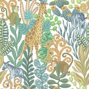 Carta da parati Allegri animali della savana tra le foglie su sfondo bianco, Parati natura classici, a01000 : Uwalls.it