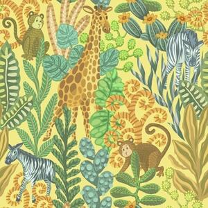 Carta da parati Giraffa, zebra e scimmia in una savana giallo brillante, Parati natura classici, a01000v1 : Uwalls.it