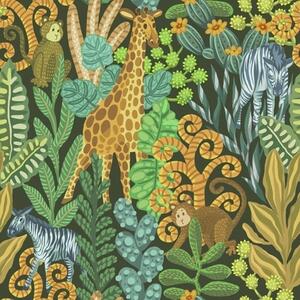 Carta da parati Fitta giungla con animali su sfondo verde scuro, Parati natura classici, a01000v2 : Uwalls.it