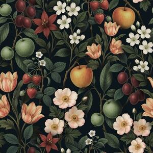 Carta da parati Giardino buio con fiori, mele mature e bacche, Parati fiori e piante classici, a01034 : Uwalls.it