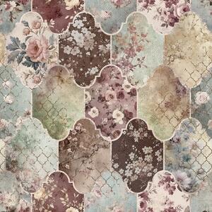 Carta da parati Patchwork di pannelli floreali e piastrelle consumate con motivi decorativi, Parati fiori e piante classici, a01038 : Uwalls.it