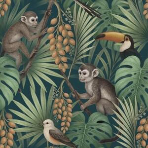 Carta da parati Scimmie e uccelli tropicali nella fitta vegetazione della giungla, Parati natura classici, a01037 : Uwalls.it
