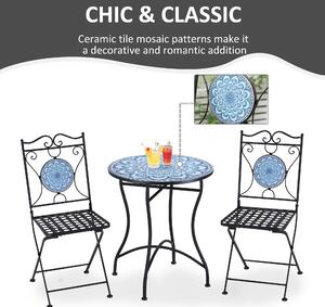 Outsunny Set da Giardino 3 Pezzi con Decorazioni Mosaico, Tavolino Rotondo e 2 Sedie Pieghevoli in Metallo, Stile Unico, Blu