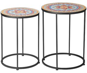 Set 2 Tavolini da Giardino in Ceramica e Metallo con Piano a Mosaico