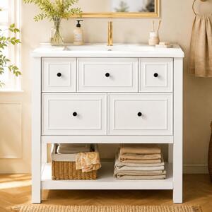 Mobile lavabo autoportante bianco con lavabo in Vetroceramica, dimensioni 76x46,5x82 cm. Mobile bagno con 5 cassetti