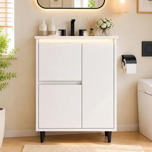 Mobile bagno autoportante, bianco, dimensioni 61x46,5x87 cm. Mobile bagno con lavabo in Vetroceramica, 1 anta e 2 cassetti, realizzato in MDF