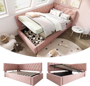 Letto imbottito 90x190 cm, modello divano letto con spazio contenitore a sollevamento idraulico, rivestito in velluto rosa, con testiera montabile a sinistra o a destra, struttura del letto senza materasso