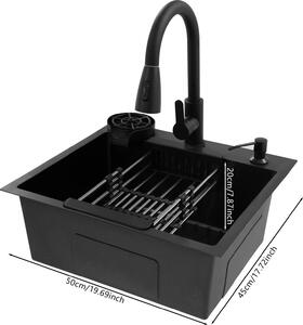 Lavello da cucina, design rettangolare, con rubinetto estraibile, nero