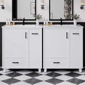 Mobile sottolavello 76,5x47x82 cm, con ante a battente, colore bianco, realizzata in MDF con rivestimento in Vetroceramica. Include un lavabo in Vetroceramica integrato e un cassetto laterale. Ideale per il bagno