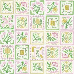 Carta da parati Quadrati acquerellati con rami rosa e verdi, Parati fiori e piante classici, a01082 : Uwalls.it