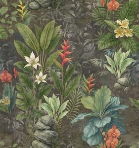 Carta da parati Giardino tropicale scuro con fiori e fogliame dai colori vivaci, Parati natura classici, a01079 : Uwalls.it