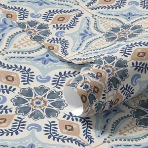 Carta da parati Ornamento in stile piastrella blu-beige dipinto ad acquerello, Parati fiori e piante classici, a01085 : Uwalls.it