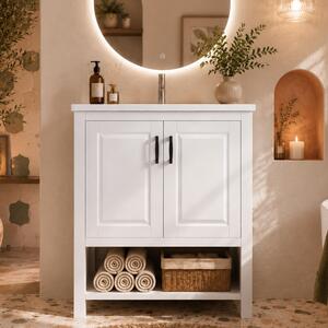 Mobile lavabo autoportante da 76,5 cm con lavabo in Vetroceramica integrato, in MDF bianco