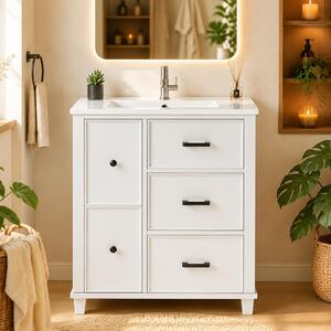 Mobile lavabo autoportante, bianco, dimensioni 76,5x47x83,5 cm, con lavabo in Vetroceramica e 5 cassetti