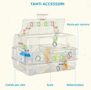 PawHut Gabbia per Criceti Multilivello con Tubi Φ6cm, Casetta per Criceti con Tetto apribile e Accessori in Plastica Trasparente