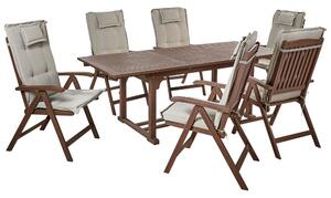 Set da giardino con 6 sedie in legno di acacia marrone scuro con schienale regolabile pieghevole in stile rustico con cuscini grigio talpa Beliani
