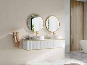 Mobile bagno sospeso con scanalature con profilo dorato 2 cassetti con doppio lavabo da appoggio tondo - Bianco - 150 cm - KELIZA