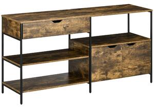 HOMCOM Mobiletto da Salotto in Stile Industriale con Ripiani, Cassetto e Armadietto, Credenza Bassa in Legno e Acciaio, 147x40x77cm, Marrone