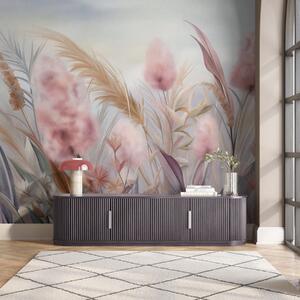 Carta da parati Erba della pampa rosa e beige e altri fiori secchi con un cielo morbido e nebbioso sullo, Carta da parati Natura, w09635 : Uwalls.it