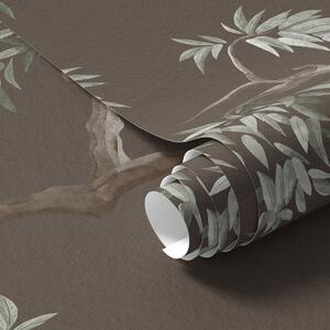 Carta da parati Ramo di albero con foglie su sfondo marrone, Parati fiori e piante classici, a01117v3 : Uwalls.it