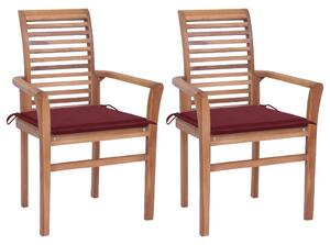 Sedie da Pranzo 2 pz con Cuscini Rosso Vino in Massello di Teak