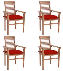 Sedie da Pranzo 4 pz con Cuscini Rossi in Massello di Teak