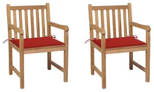 Sedie da Giardino 2 pz con Cuscini Rossi in Massello di Teak