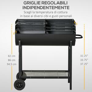 Outsunny Barbecue in Acciaio con 2 Griglie Indipendenti, 2 Ruote e Ripiano Inferiore | Nero | 90cm x 45cm x 96cm