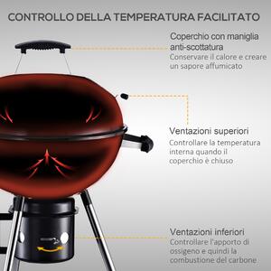 Outsunny Barbecue in Ghisa con 2 Ruote e 2 Griglie | Coperchio con Termometro, Valvola e Ripiano Inferiore | 50x63x94cm