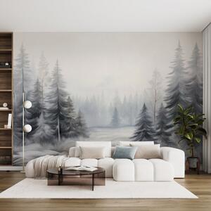 Carta da parati Alberi invernali dalla corteccia ruvida nella nebbia, in tenui tonalità di grigio e bianco, Carta da parati Natura, w09745 : Uwalls.it