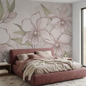 Carta da parati Illustrazione di orchidee pallide con foglie su sfondo beige, Carta da parati Floreale, w05117 : Uwalls.it