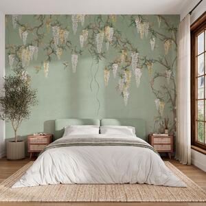 Carta da parati Rami fioriti con fiori bianchi e uccellini su sfondo verde, Carta da parati Stile Orientale, w05394 : Uwalls.it